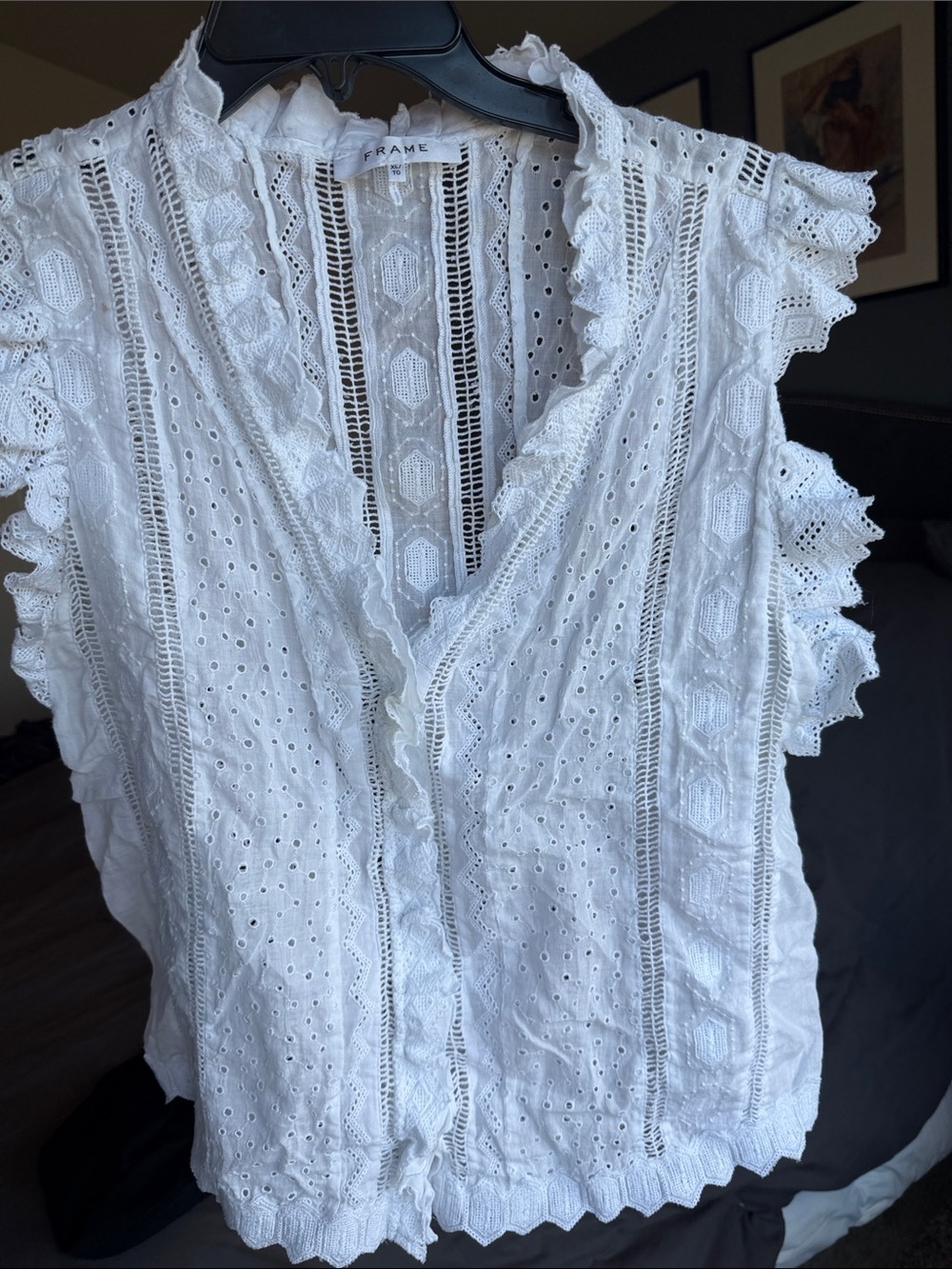 Frame Denim White Eyelet Ruffle Sleeveless Top